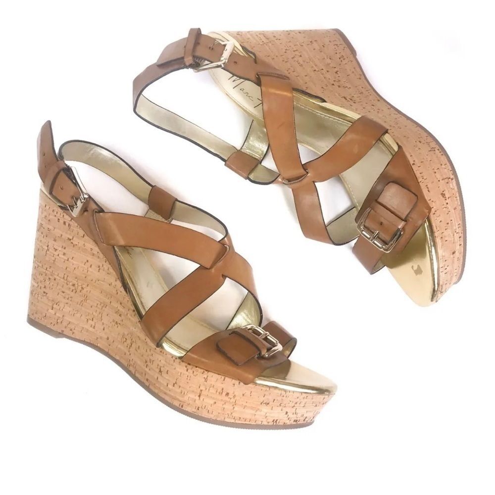 Marc Fisher Faux Leather Cork Wedge Sandals Shoes Womens Size 8